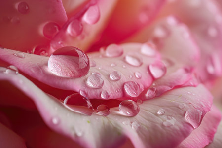 A detailed photograph capturing a close-up view of a pink rose with glistening water droplets, Raindrop on a rose petal, AI Generatedの素材