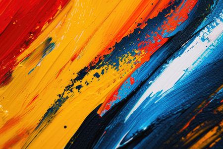 This close-up photo showcases a colorful painting filled with a vibrant array of hues and tones, Random streaks of bold primary colors expressing strong, raw emotions, AI Generatedの素材