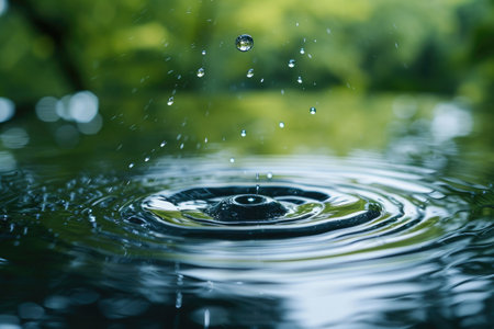 A detailed view of a single water drop with a backdrop of trees in the background, Raindrop hitting the surface of a calm pond, AI Generatedの素材