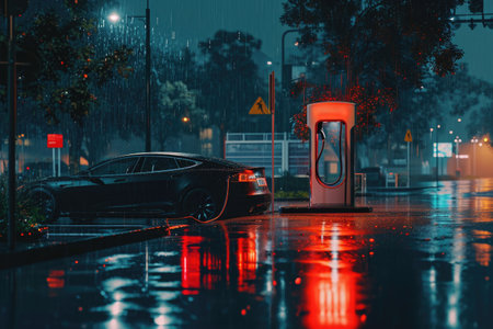 A car parked at a gas station during a rain shower, with raindrops falling on the vehicle and the surrounding area, Rainy evening view of an electric car charging station, AI Generatedの素材
