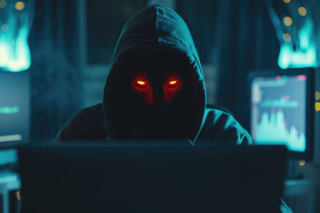 A person wearing a hooded jacket with red eyes is using a laptop, Ransomware portrayed as a threatening figure, AI Generatedの素材