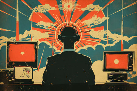 A man sits in front of two computer monitors, focused on his work, Retro-style propaganda poster promoting cybersecurity awareness, AI Generatedの素材