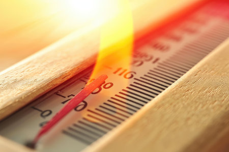 A close up photograph showcasing a laboratory thermometer with a yellow flame burning in the background, Rising temperature on a thermometer as a metaphor for inflation, AI Generatedの素材