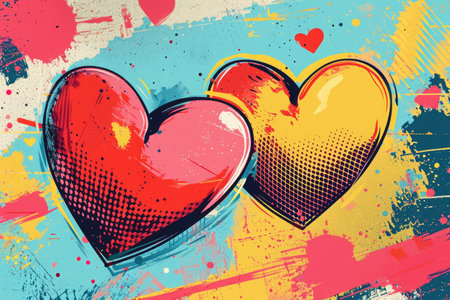 A couple of red heart-shaped objects are placed on top of a grey brick wall, Retro Valentine's Day background with pop art hearts, AI Generatedの素材