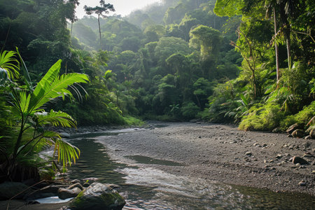 A river meandering through a dense and vibrant green forest, creating a serene and picturesque scene, Riverbed in an unspoiled rainforest, AI Generatedの素材