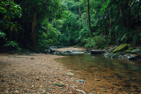 A river meandering gracefully through a lush green forest, surrounded by towering trees and abundant vegetation, Riverbed in an unspoiled rainforest, AI Generatedの素材