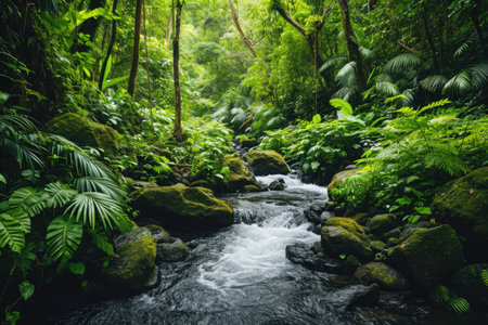 A vibrant stream cuts through a dense forest, surrounded by thick foliage and an abundance of greenery, River cascading through a lush rainforest, AI Generatedの素材
