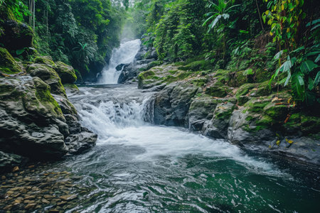 A small waterfall cascades down a rocky ledge amidst the lush greenery of a dense jungle, River with waterfall in a dense rainforest setting, AI Generatedの素材