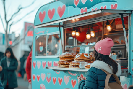 A woman stands confidently in front of a brightly colored food truck, holding a plate of delicious food, Romantic food truck selling heart-shaped pancakes, AI Generatedの素材