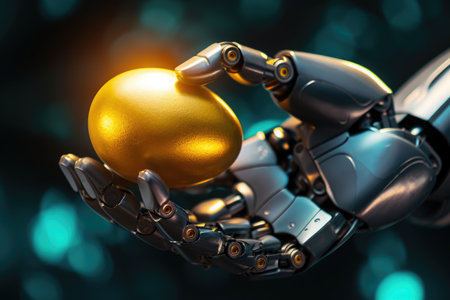 A close-up photograph of a robot hand firmly grasping a shiny golden ball, Robotic hand holding a golden egg representing automation in finance, AI Generatedの素材