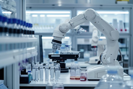 A robotic arm equipped with sensors carefully inspects various bottles of liquid in a laboratory setting, Robotic arms working in a biotech lab, AI Generatedの素材