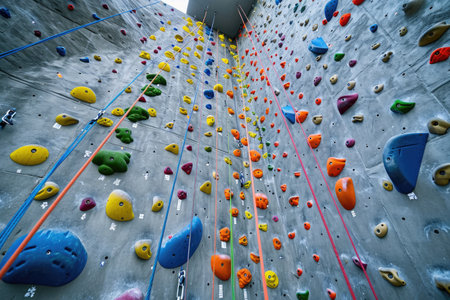 A vibrant climbing wall covered in brightly colored rocks of different shapes and sizes, Rock climbing wall at a gym, AI Generatedの素材