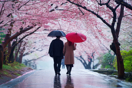 A man and woman holding umbrellas walk down a busy urban street, Romantic stroll under cherry blossoms in Japan, AI Generatedの素材