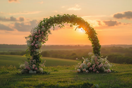 Rustic Wedding Arch Amidst Golden Fields, Romantic sunset over an open field, with a flower filled wedding arch, AI Generatedの素材