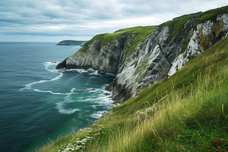 An image of a tall cliff with a cloudy sky in the background, offering a view of the vast ocean below, Rugged Irish coast cliffs facing the Atlantic, AI Generatedの素材