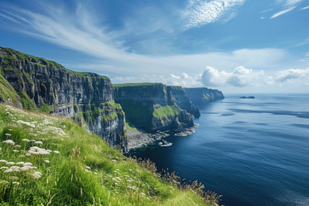 Cliff Overlooking Ocean on a Sunny Day, Rugged Irish coast cliffs facing the Atlantic, AI Generatedの素材