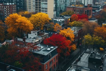 This photo captures a bustling city adorned with numerous tall buildings and lush green trees, Rooftop view of city engulfed in autumn's vivid colors, AI Generatedの素材