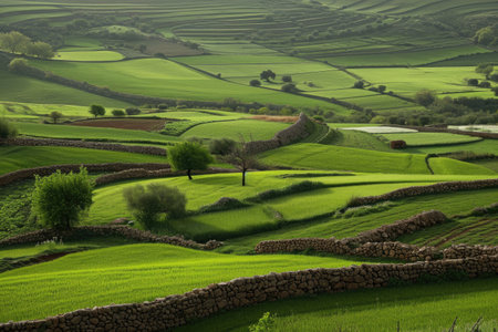 This photo captures the tranquility of a lush green field, highlighting a tree at its center, Rural farm fields separated by stone walls, AI Generatedの素材