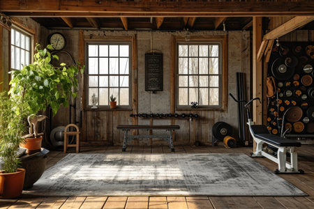 A room with a colorful rug, several potted plants, and a wooden bench against the wall, Rustic and homey morning setting in a gym, AI Generatedの素材