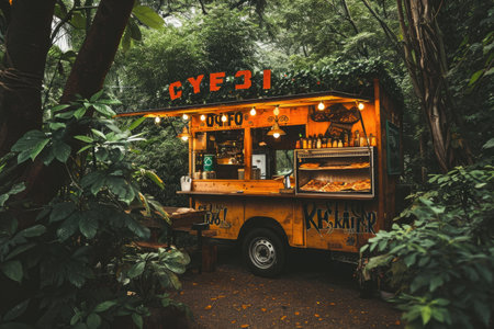A food truck is parked in the middle of a forest, surrounded by tall trees and a lush green canopy, Rustic pizza food truck surrounded by lush greenery, AI Generatedの素材