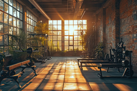 A gym setting with rows of exercise benches and exercise bikes for fitness enthusiasts to train and workout, Rustic and homey morning setting in a gym, AI Generatedの素材