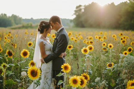A bride and groom stand together in a field of vibrant sunflowers, surrounded by tall stalks and bright yellow blossoms, Rustic sunflower-themed wedding in a field, AI Generatedの素材