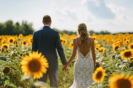 A bride and groom smiling as they walk hand in hand through a vibrant field of sunflowers, Rustic sunflower-themed wedding in a field, AI Generatedの素材