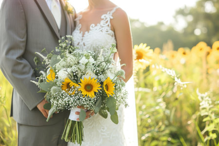 A bride and groom stand together in a vibrant field of sunflowers, embracing each other and smiling, Rustic sunflower-themed wedding in a field, AI Generatedの素材