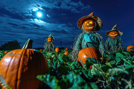A group of pumpkins sitting in a field under a full moon, Scarecrows guarding a pumpkin patch on a moonlit night, AI Generatedの素材