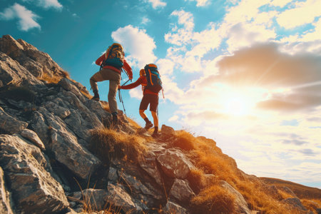 Two individuals ascend a rugged mountain, navigating the rocky terrain with determination and skill, Scene of a hiker boosting his friend's courage during a strenuous mountain hike, AI Generatedの素材