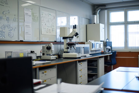 A lab filled with various scientific instruments and equipment used for research and experimentation, Science lab office with equipment and whiteboards, AI Generatedの素材