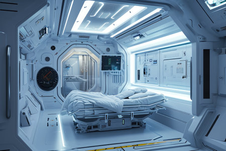 A photograph of a clean and simple white room featuring a comfortable bed and soft lighting, Sci-fi medical room in a space vessel, AI Generatedの素材