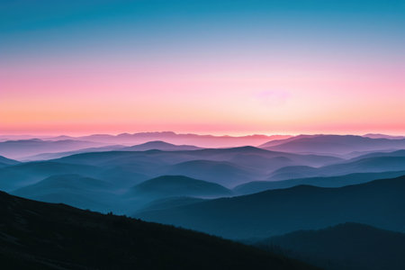 The sun is descending behind the mountains in the distance, casting a warm glow over the landscape, Serene sunset over a tranquil mountain range, AI Generatedの素材