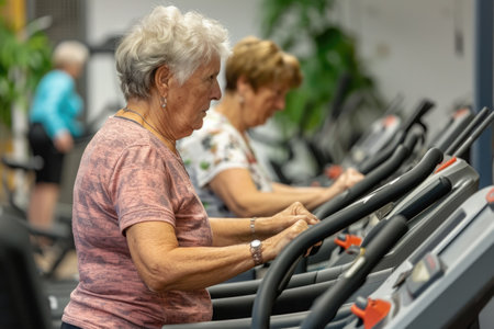 An older woman is energetically running on a treadmill at a fitness center, maintaining her fitness routine, Senior citizens working out in a gym dedicated for older adults, AI Generatedの素材