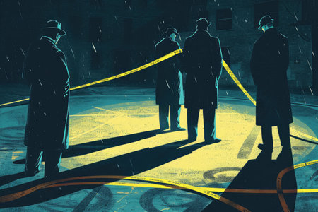 A diverse group of individuals standing side by side, united under the rain shower, Shadowy figures investigating a crime scene for a detective podcast cover art, AI Generatedの素材