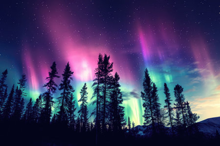 The vibrant colors of the aurora borealis illuminate the night sky above a dense forest, Silhouetted trees against a brilliant, multi-hued northern lights inspired sky, AI Generatedの素材