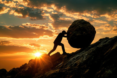 Person Pushing a Large Rock Up a Steep Mountain Path, Silhouette of a businessman pushing a boulder uphill symbolizing struggle in business, AI Generatedの素材