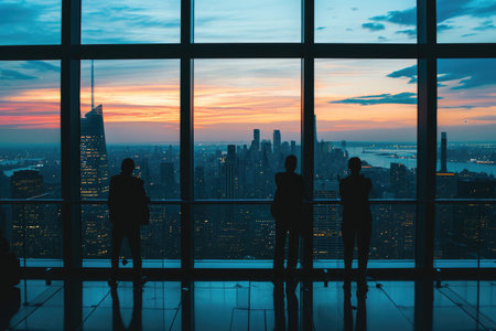 Group of People Standing in Front of Glass Window in Office Building, Silhouette of a cityscape as seen from a skyscraper's viewing deck, AI Generatedの素材