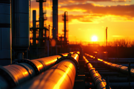 The sun casts a warm orange glow as it sets behind the pipes of a working factory, Silhouette of industrial pipelines against a sunset, AI Generatedの素材