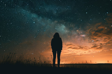 A person stands outdoors and gazes upwards at the expansive night sky filled with stars, Silhouette of a solitary person standing against a starry night sky, AI Generatedの素材