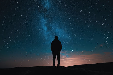 A man stands on top of a hill, gazing up at a night sky adorned with shimmering stars, Silhouette of a solitary person standing against a starry night sky, AI Generatedの素材