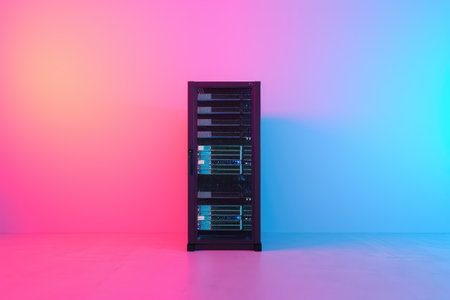 A tall black server sitting on top of a pink and blue floor, providing a reliable network connection, Simplistic server rack on a pastel background, AI Generatedの素材