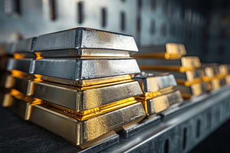 A stack of gleaming gold bars is positioned neatly on a wooden table, representing wealth and prosperity, Silver and gold bars stacked in a bank vault for wealth concept, AI Generatedの素材
