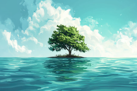 A detailed painting showcasing a lone tree situated on a remote island surrounded by the vast ocean, Simple illustration of a small island surrounded by water, AI Generatedの素材