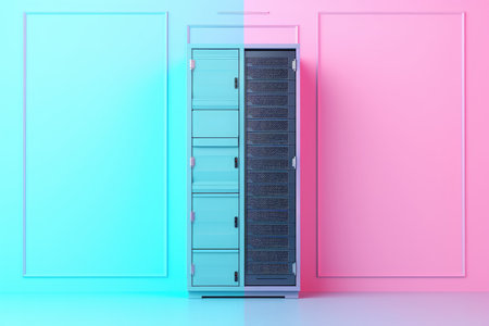 A server is positioned in front of a brightly colored pink and blue wall in a secure data center, Simplistic server rack on a pastel background, AI Generatedの素材