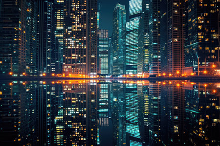 A city at night with brightly lit buildings and their lights reflecting in the water below, Skyscrapers' kaleidoscopic reflection in the city river at nighttime, AI Generatedの素材
