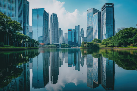 A photo capturing the urban landscape of a metropolitan city, showcasing a body of water surrounded by towering buildings, Skyscrapers overlooking the tranquil city waterfront, AI Generatedの素材