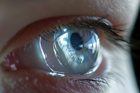 A detailed close-up view of a persons blue eye showcases the dilated pupil and intricate patterns of the iris, Smart contact lens monitoring blood sugar levels, AI Generatedの素材