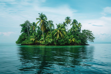 A small island sits in the middle of a sprawling body of water, providing a focal point amidst the vast expanse, Small island with a lush, tropical jungle, AI Generatedの素材