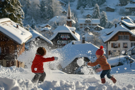 A group of children playing joyfully in the snow and creating a snowman together in their backyard, Snow-fight among children in a picturesque Swiss village, AI Generatedの素材